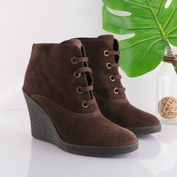 Franco Sarto Womens Boot Size 9 Brown Suede Wedge Heel Bootie Lace-Up Comfy - Picture 1 of 12